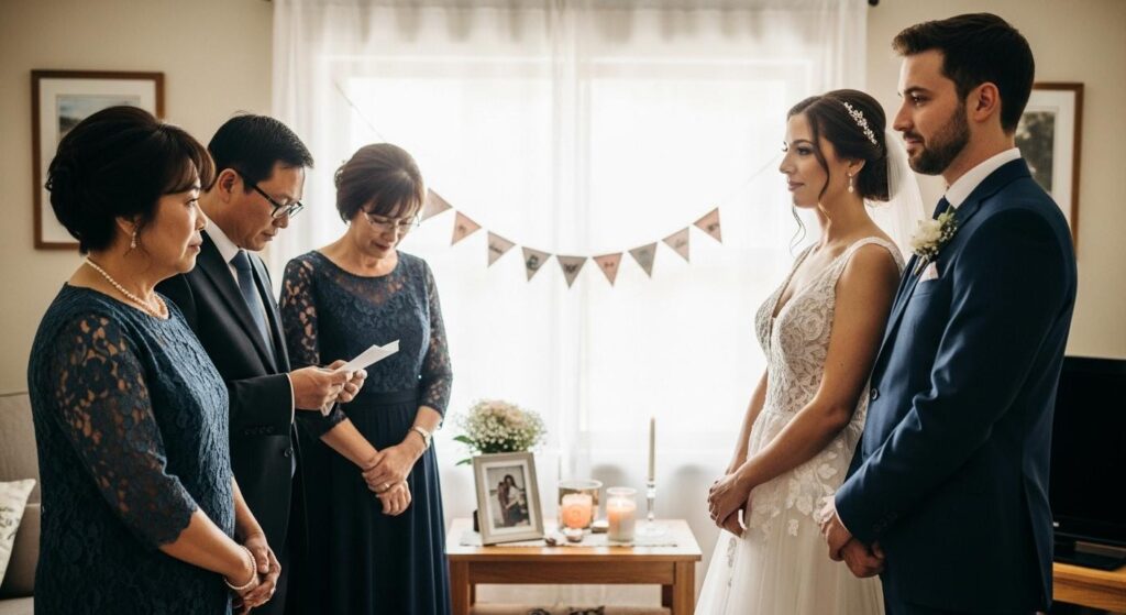 Para młoda otrzymująca błogosławieństwo rodziców