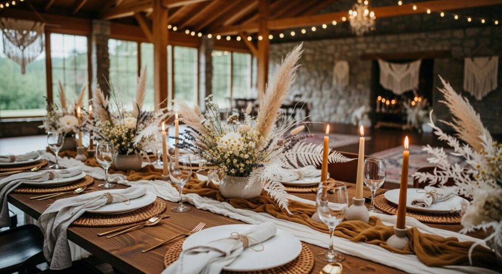 Stół weselny udekorowany w stylu boho