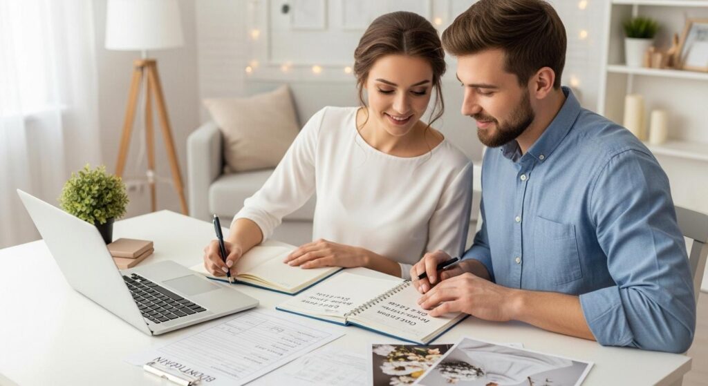 Narzeczeni liczący koszty wesela na 60 osób