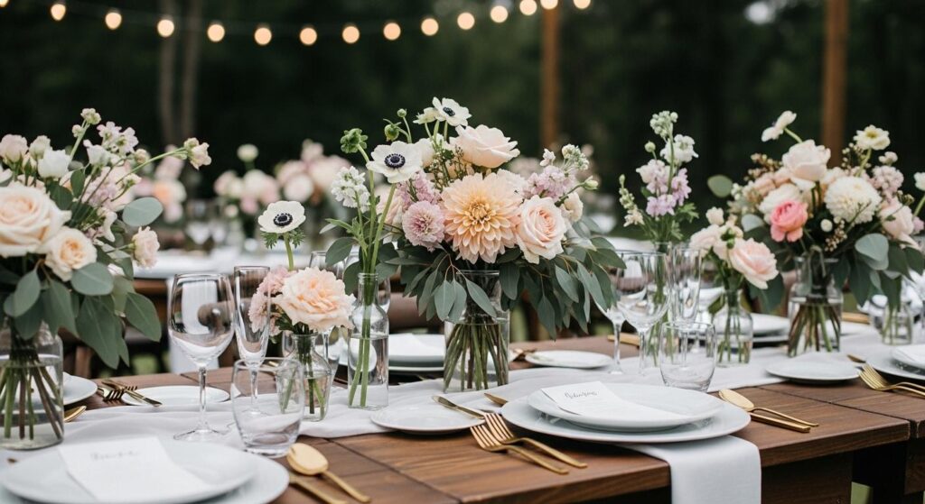 Stół weselny udekorowany kwiatami