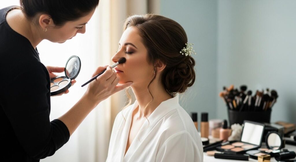 Panna Młoda w trakcie makijażu ślubnego