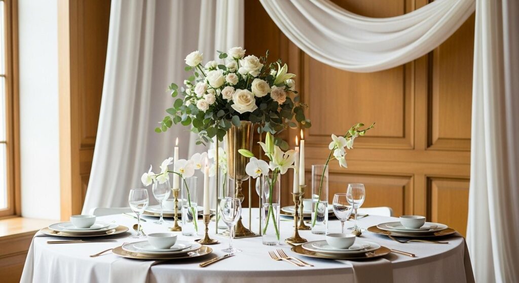 Stół z kompozycją ze szkła, metalu w ciepłym odcieniu mosiądzu i lnianych tekstyliów.