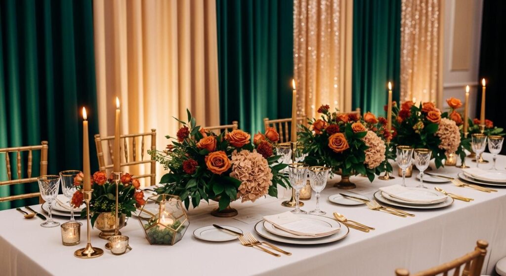 Stół z kompozycją kwiatową w odcieniu głębokiej zieleni, terakoty oraz pastelowych beży