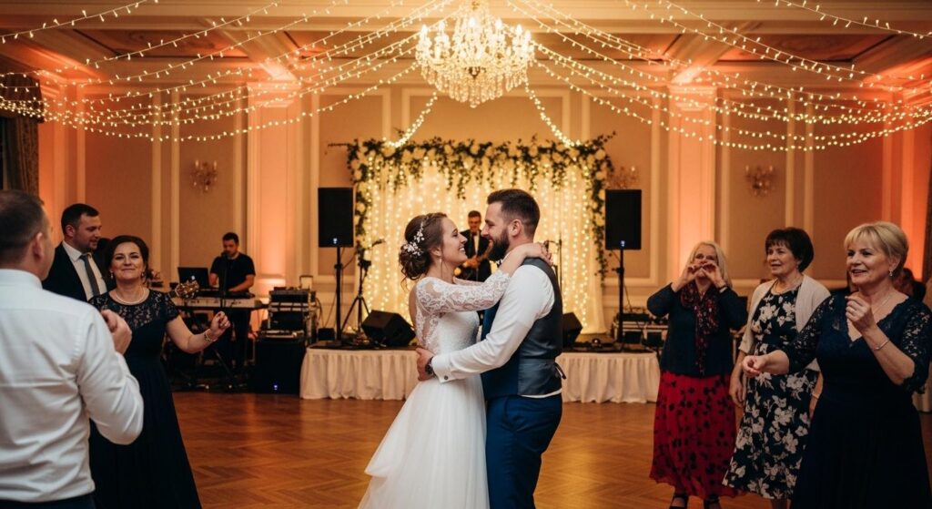 Para młoda i goście bawiący się na weselu