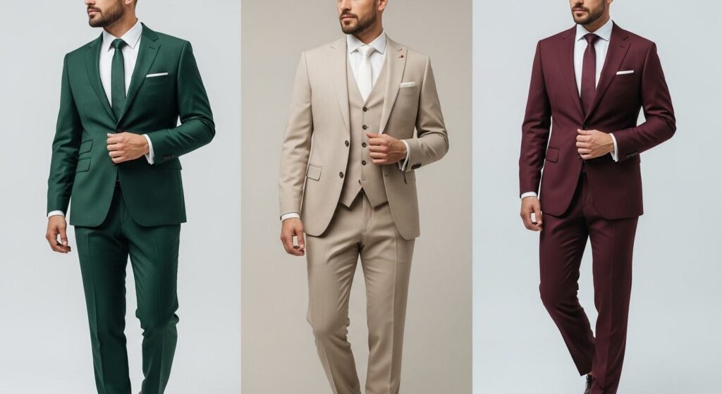Pan Młody w garniturze w odcieniach: beżu, butelkowej zieleni i burgundu
