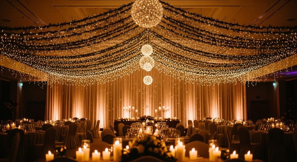 Sala weselna udekorowana oświetleniem