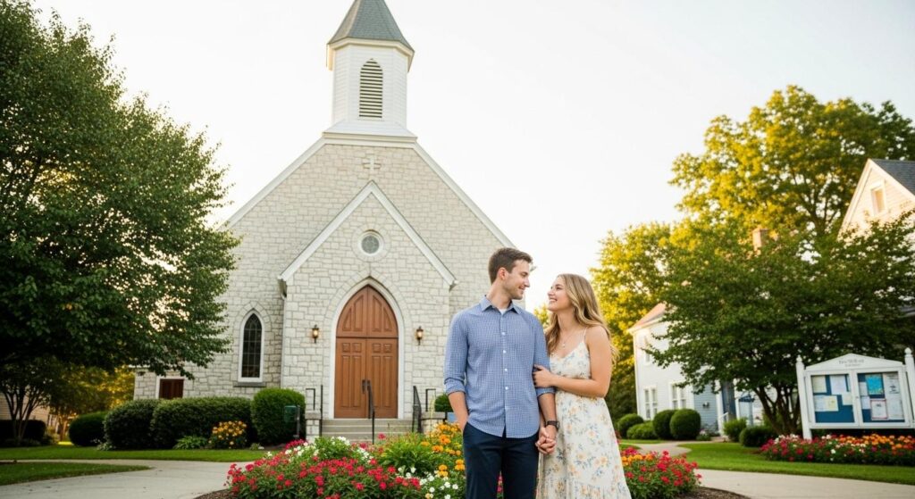Narzeczeni stojący przez kościołem