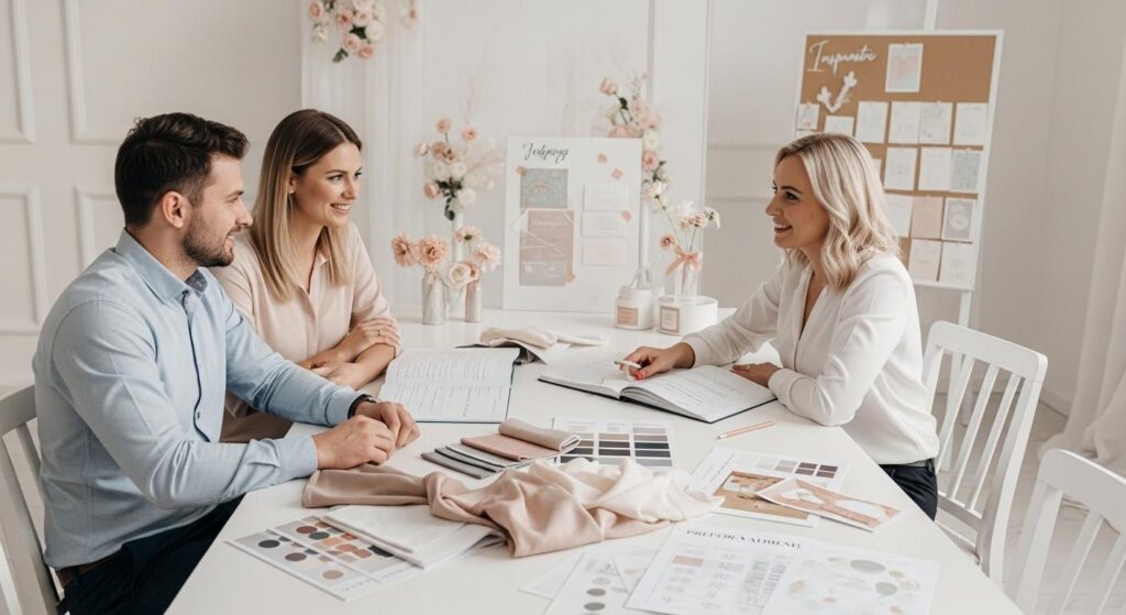 Wedding planner rozmawiający z parą młodą