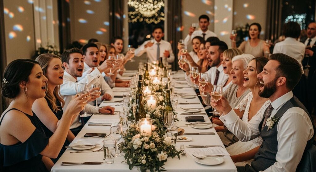 Goście na weselu śpiewający przyśpiewki weselne