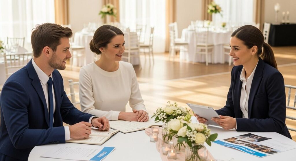 Para narzeczonych zadawająca pytania menadżerce sali weselnej