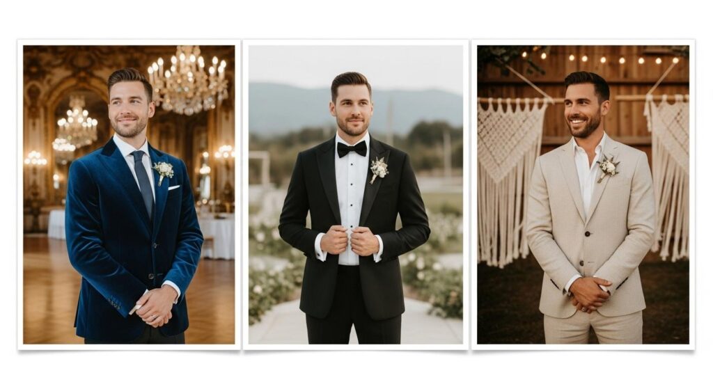 Pan Młody w trzech garniturach w zależności od stylu i miejsca wesela: plener, sala glamour lub przestrzeń boho.