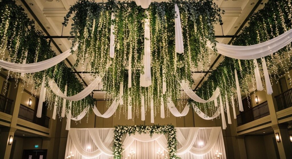 Sufitowe dekoracje na sali weselnej