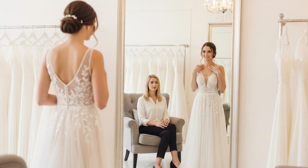 Pani Młoda przymierzająca suknię ślubną