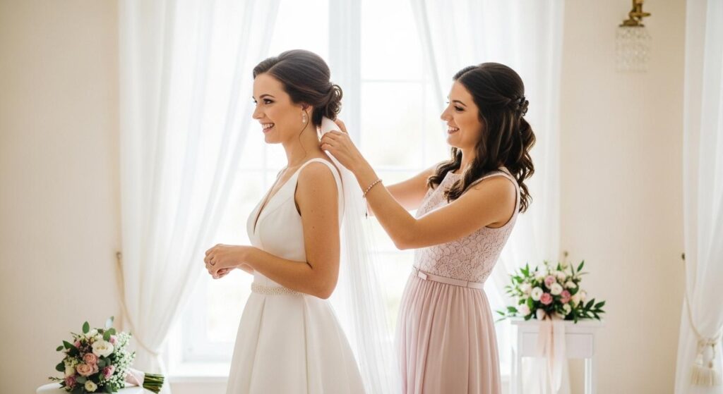 Świadkowa poprawiająca welon panny młodej