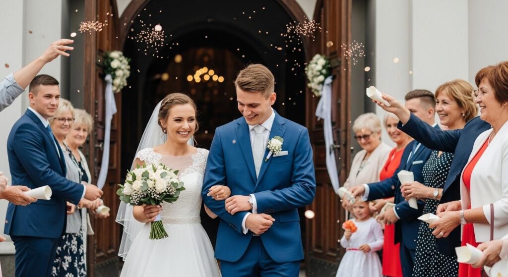 Goście obsypują Parę Młodą płatkami róż