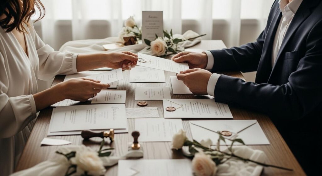 Narzeczeni przygotowujący zaproszenia na ślub