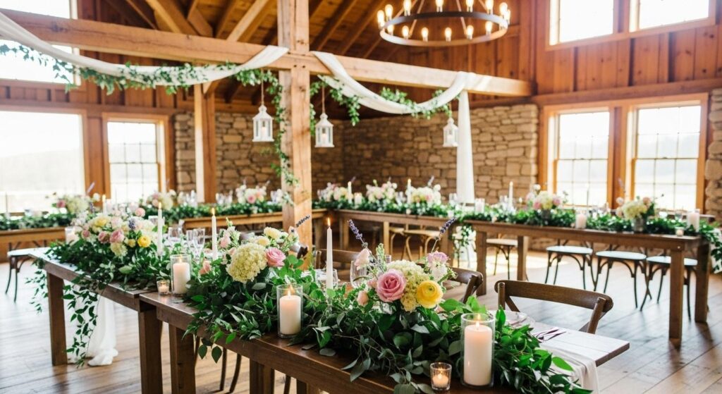 Rustykalna sala weselna z roślinnymi dekoracjami