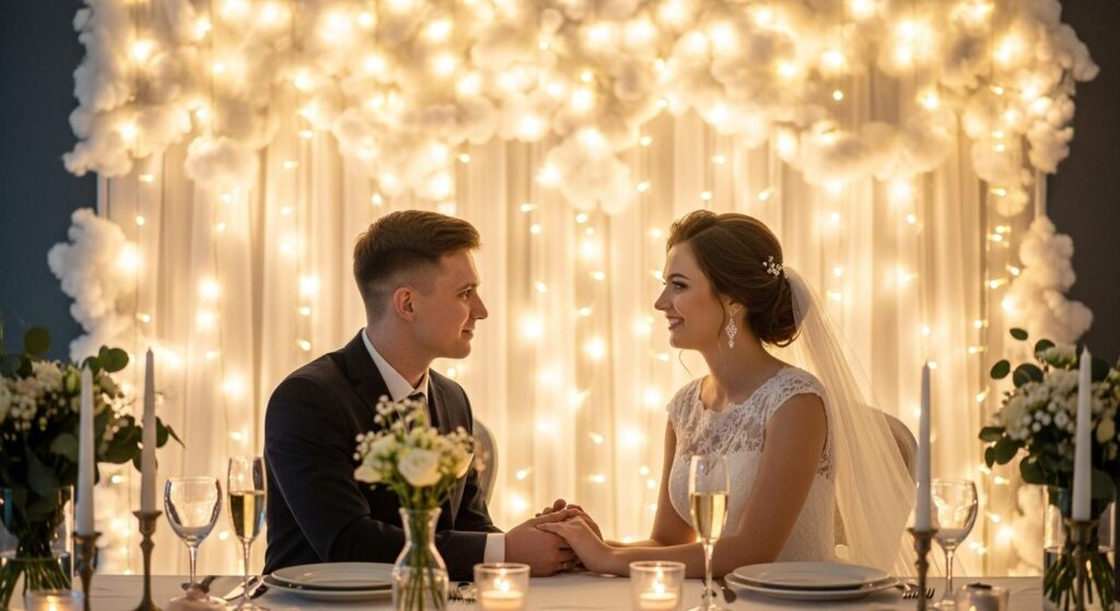 Para młoda na tle ścianki DIY z tkanin, lampek i cotton balls