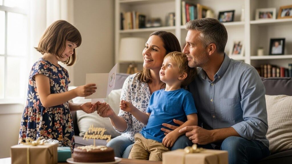 Dwójka dzieci składające małżeństwu życzenia rocznicowe