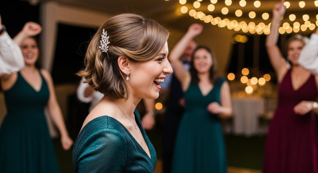 Kobieta w stylizacji z upięciem krótkich włosów na weselu