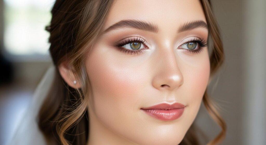 Panna Młoda w delikatnym makijażu ślubnym z efektem glow