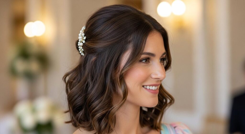 Kobieta na weselu w stylizacji z półupiętymi włosami