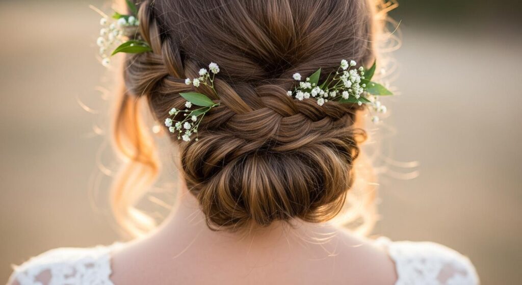 Kobieta we fryzurze na wesele w romantycznym koku i warkoczu