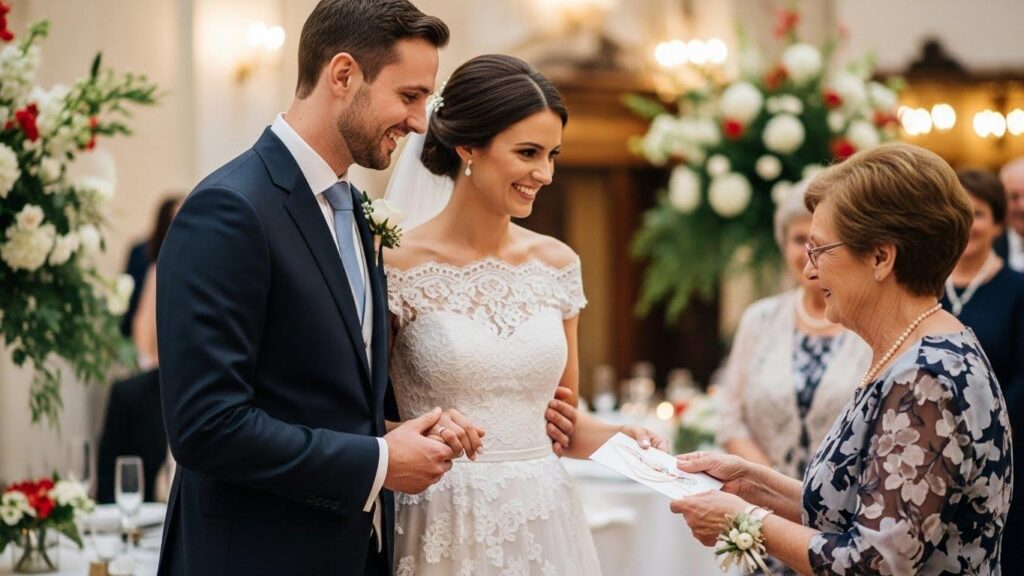 Małżeństwo otrzymujące kopertę na swoim ślubie w momencie składania życzeń