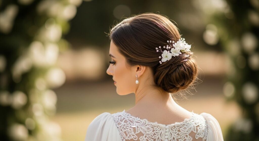 Kobieta we fryzurze na wesele z niskim kucykiem