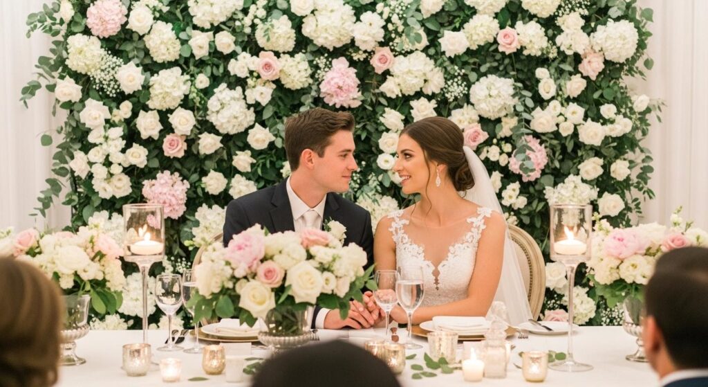 Para młoda na tle kwiatowej ścianki DIY