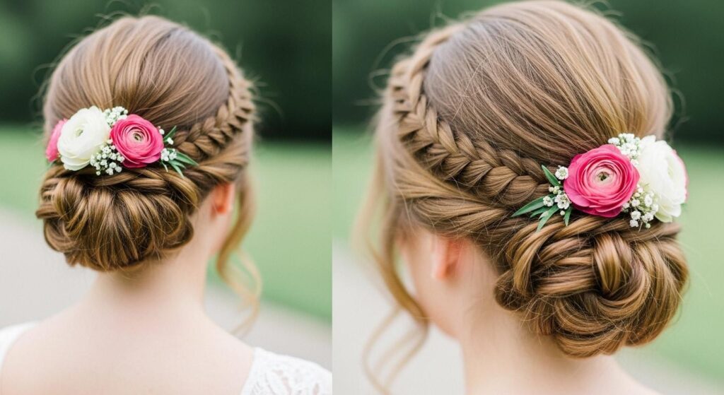 Panna młoda we fryzurze ślubnej z kwiatami we włosach