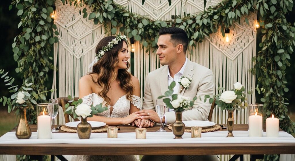 Para młoda na tle ścianki DIY z roślin i makramy