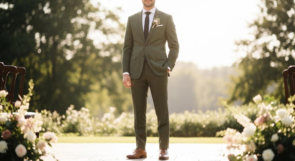 Pan młody w garniturze w odcieniu oliwkowej zieleni