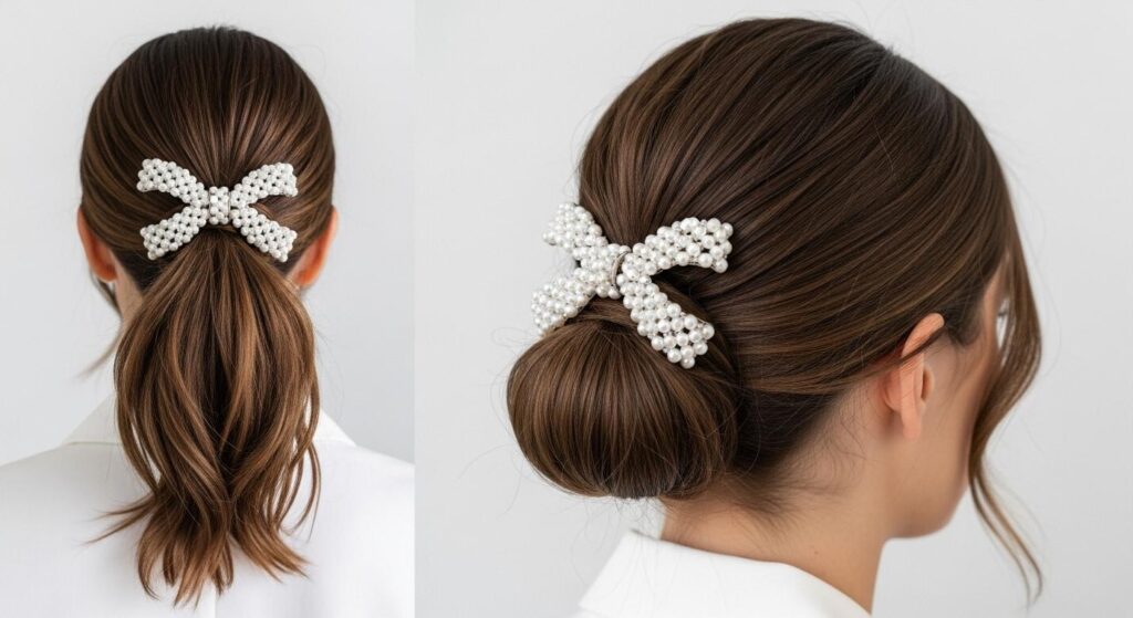 Panna młoda we fryzurze ślubnej z perłową kokardą we włosach