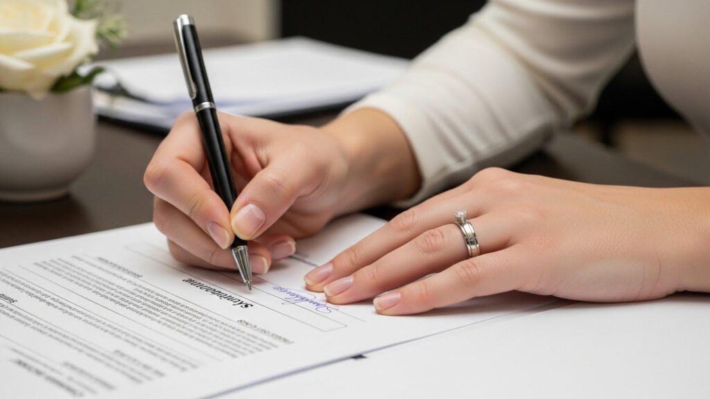 Kobieta podpisująca się nowym nazwiskiem po ślubie
