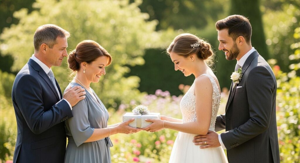 Rodzice dający prezent młodej parze na ślubie