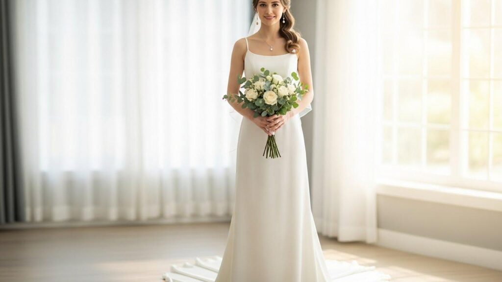 Kobieta w sukni ślubnej w prostym kroju