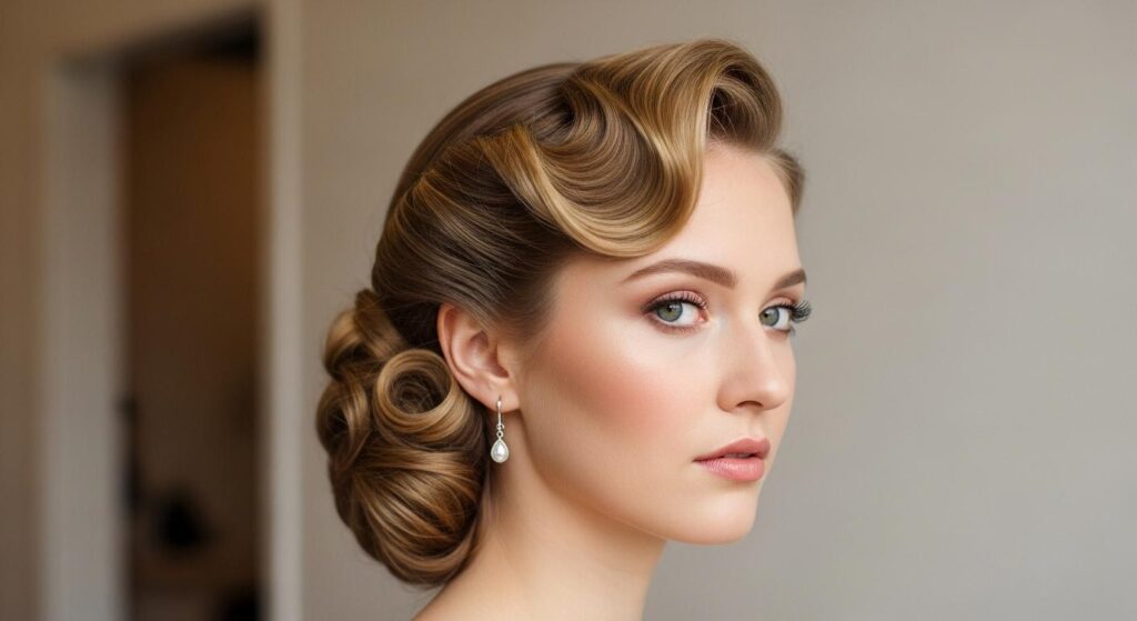 Panna młoda we fryzurze ślubnej w stylu retro