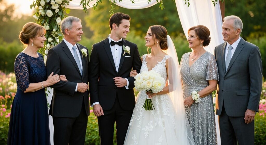 Para młoda na ślubie z rodzicami