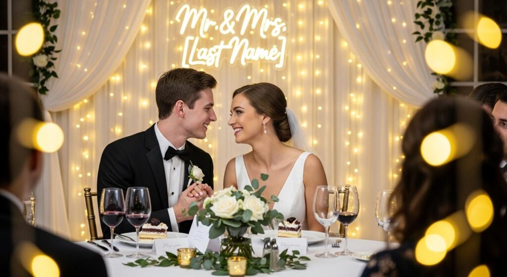 Młoda Para na weselu na tle ścianki DIY