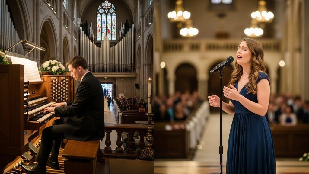 Organista i śpiewaczka na ślubie w kościele