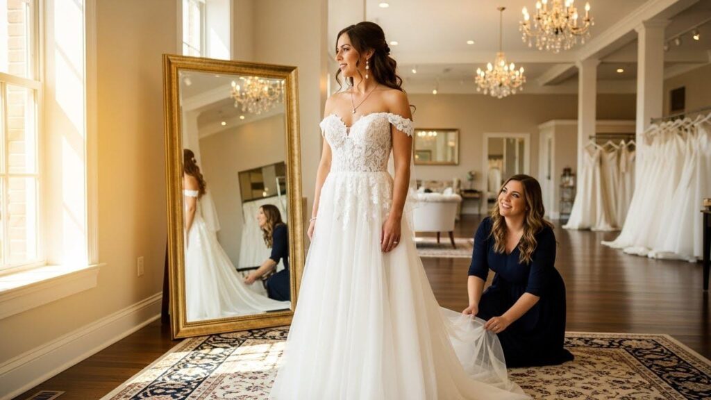 Panna młoda przymierzająca suknie ślubną