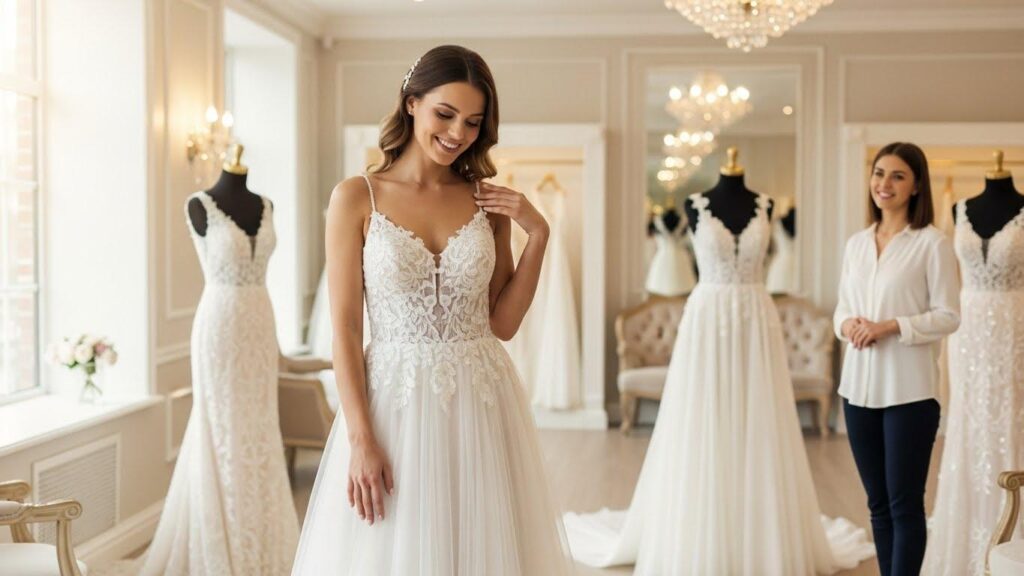 Kobieta wybierającą suknię ślubną