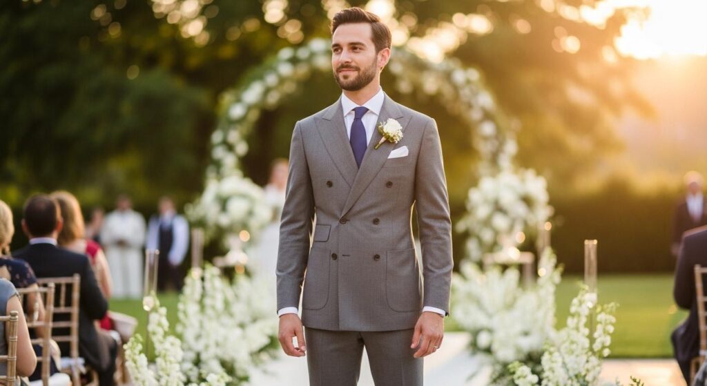 Pan młody na weselu w szarej marynarce dwurzędowej
