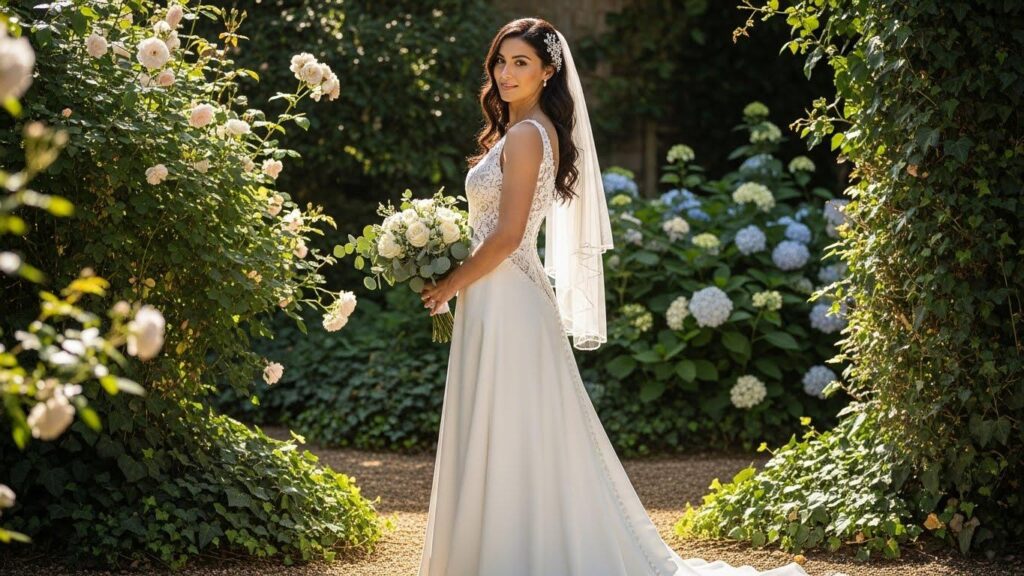 Kobieta w sukni ślubnej z wyciętą talią  baskijską