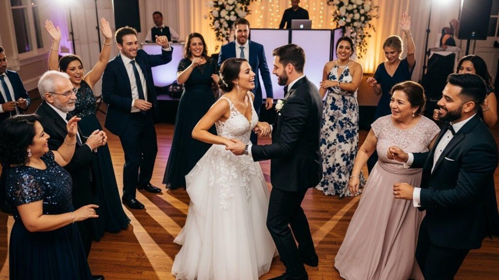 Parkiet weselny, na którym tańczą goście i młoda para