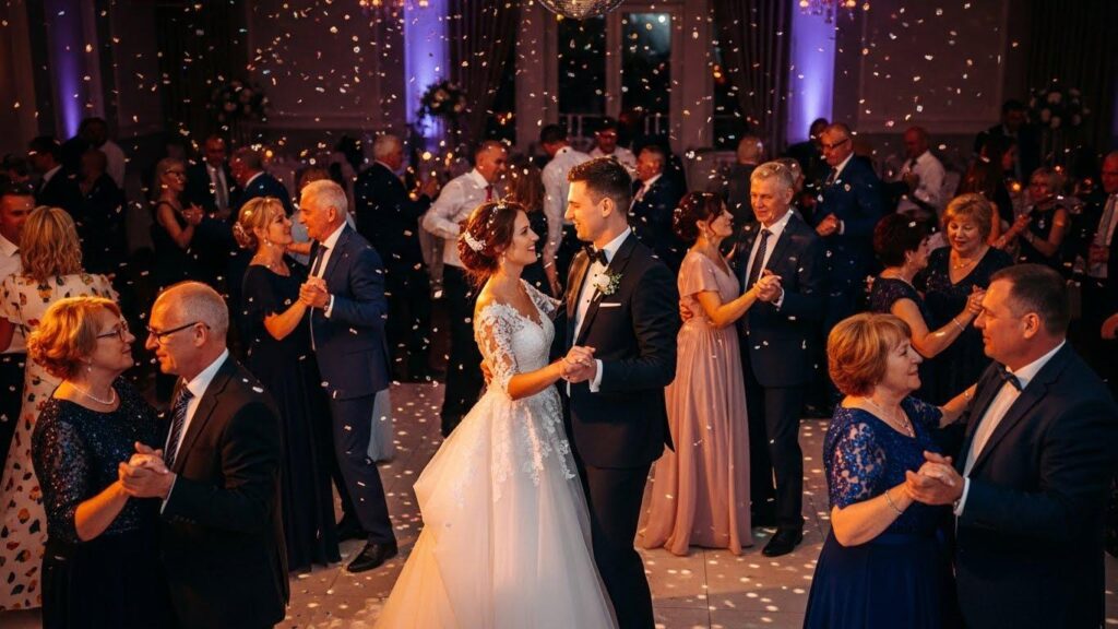 Parkiet weselny, na którym tańczą goście i młoda para