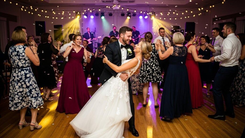 Parkiet weselny, na którym tańczą goście i młoda para