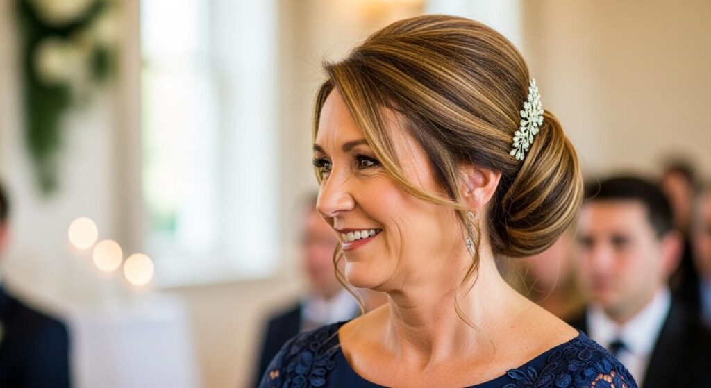Mama w eleganckiej fryzurze na ślubie swojego dziecka