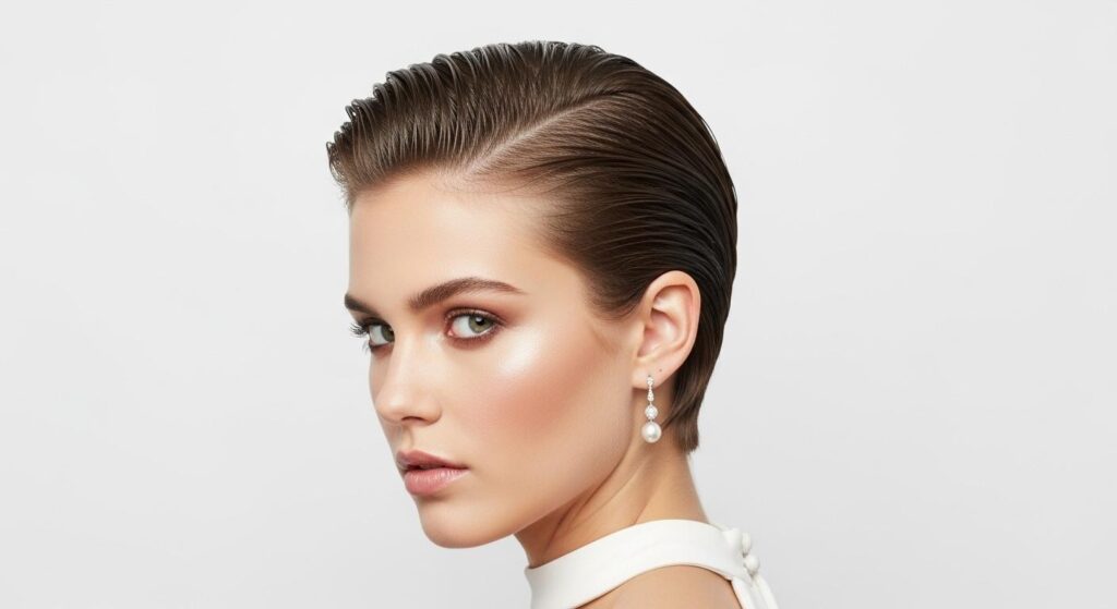 Panna młoda we fryzurze Wet Look Pixie